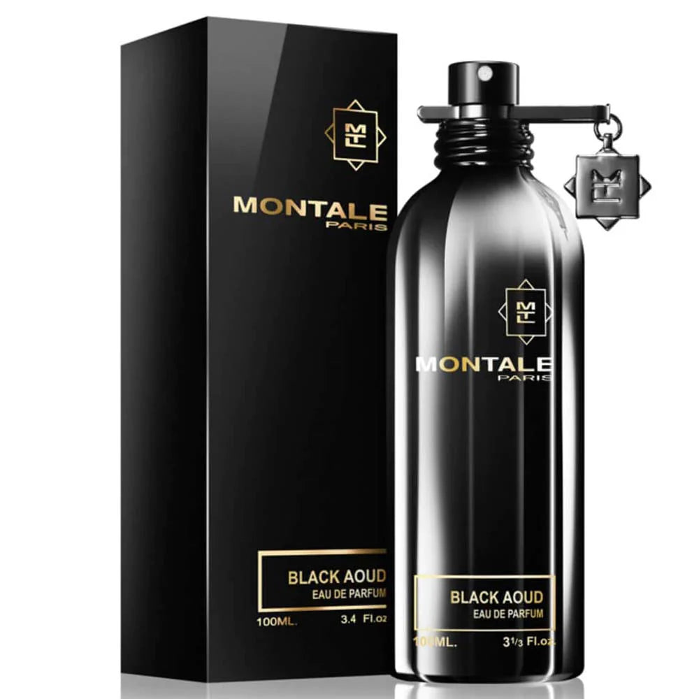Montale Black Aoud Eau De Parfum for Men bottle with black and gold accents, showcasing a luxurious fragrance design.