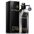 Montale Black Aoud Eau De Parfum for Men bottle with black and gold accents, showcasing a luxurious fragrance design.