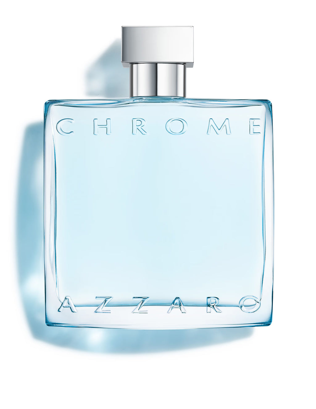 Azzaro Chrome men's Eau de Toilette 100ml bottle with sleek silver design and clear cap, standing on a reflective surface.