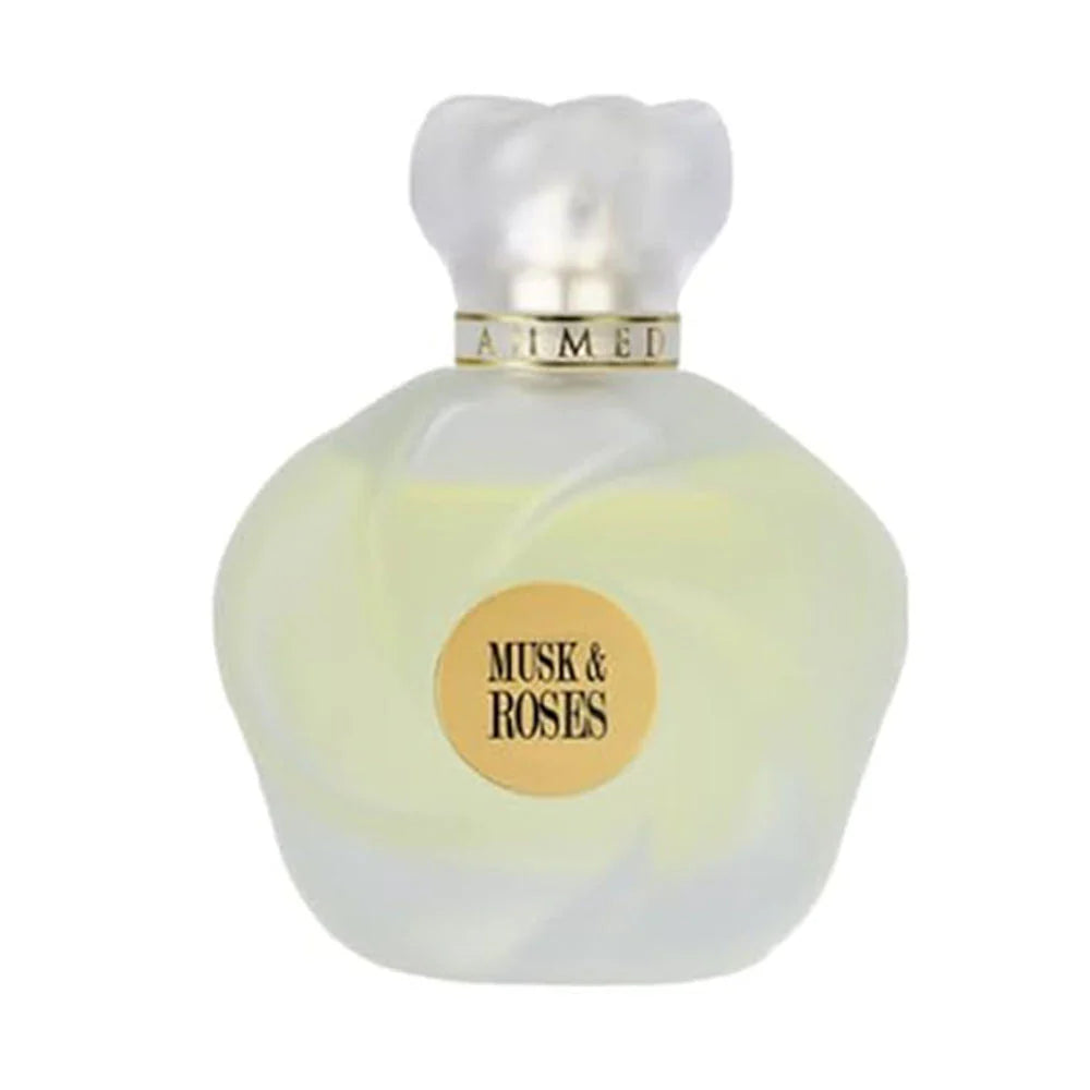 Ahmed Al Maghribi Musk & Roses Eau de Parfum 75ml for men and women, featuring a floral and musky fragrance bottle.