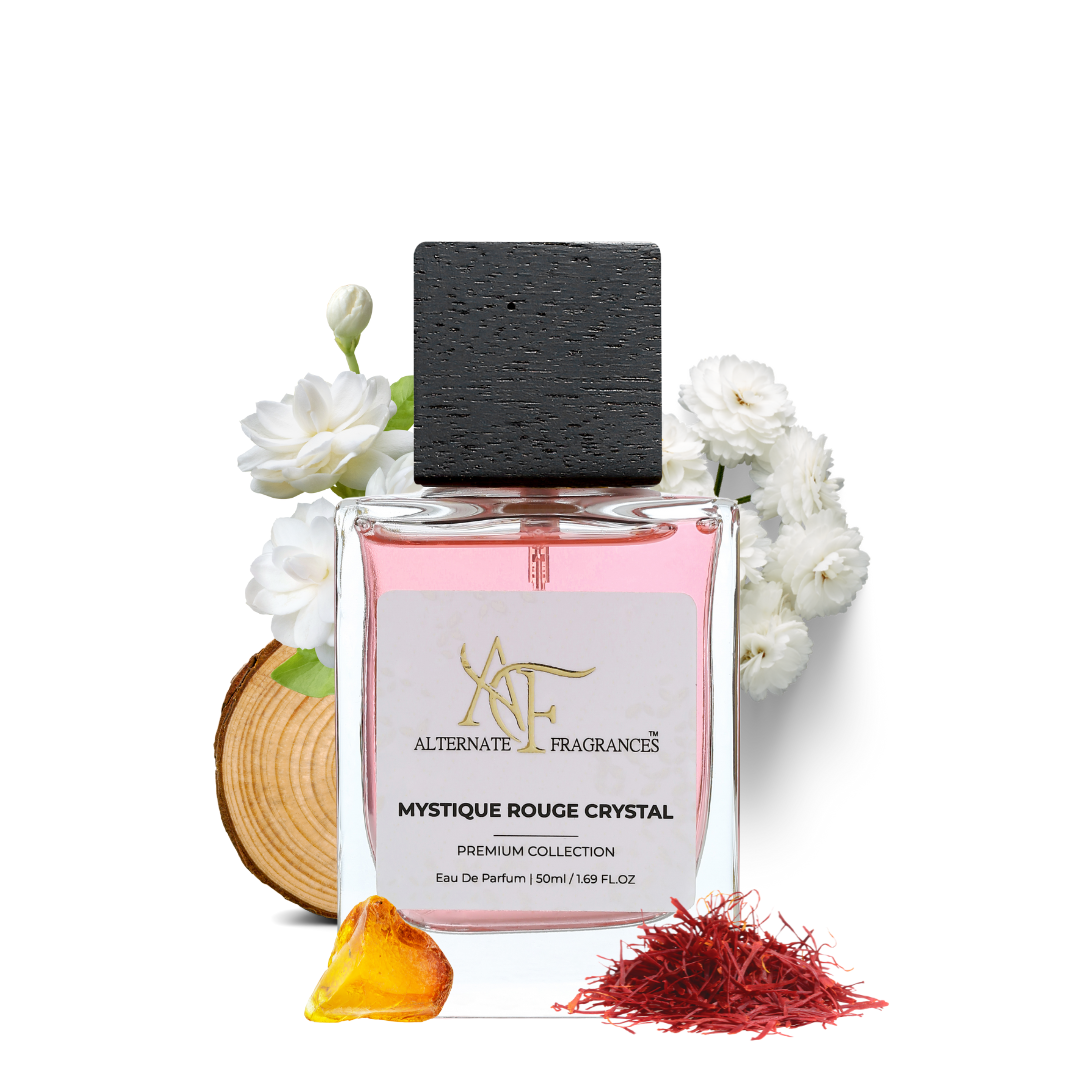 Elegant bottle of Rini Deals Mystique Rouge Crystal EDP perfume with a sleek, crystal-inspired design.
