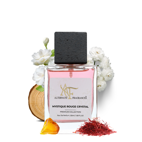 Elegant bottle of Rini Deals Mystique Rouge Crystal EDP perfume with a sleek, crystal-inspired design.