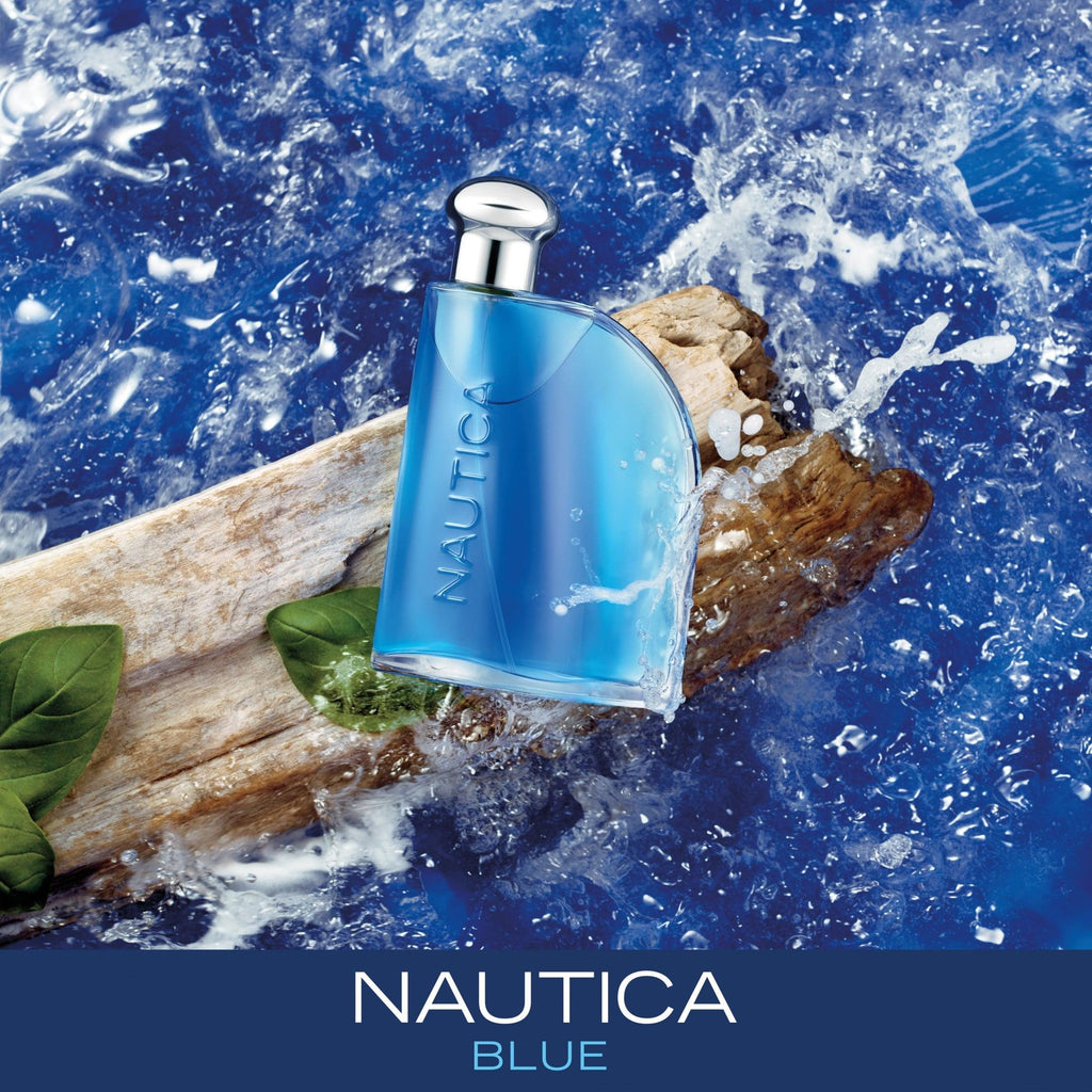Nautica Blue Eau De Toilette bottle for men, 100ml, featuring a sleek blue and silver design on a white background.