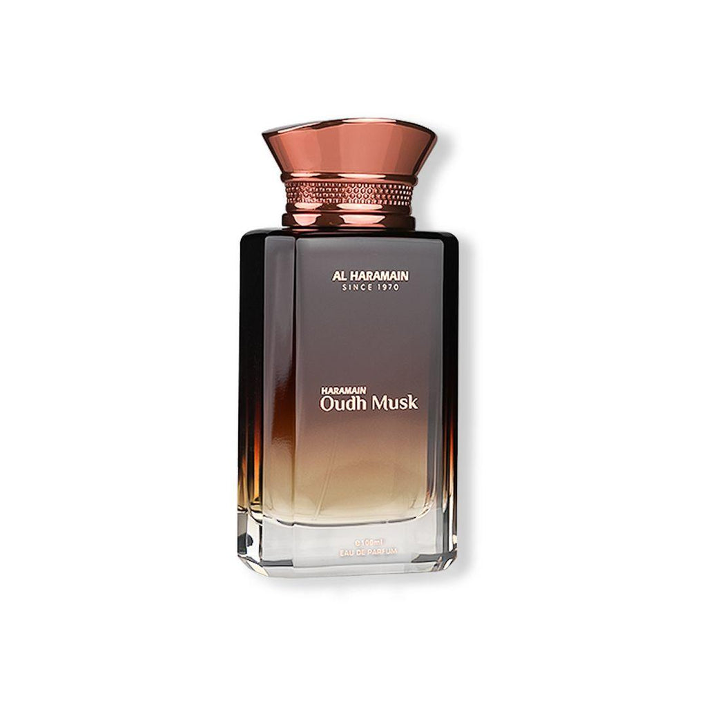 Al Haramain Oudh Musk 100ml Eau de Parfum for men and women, featuring a sleek bottle with a dark fragrance liquid.
