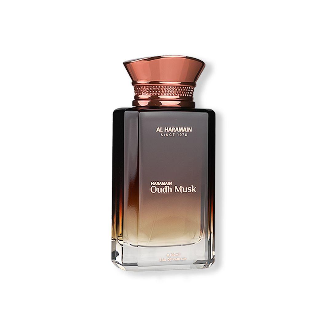 Al Haramain Oudh Musk 100ml Eau de Parfum for men and women, featuring a sleek bottle with a dark fragrance liquid.