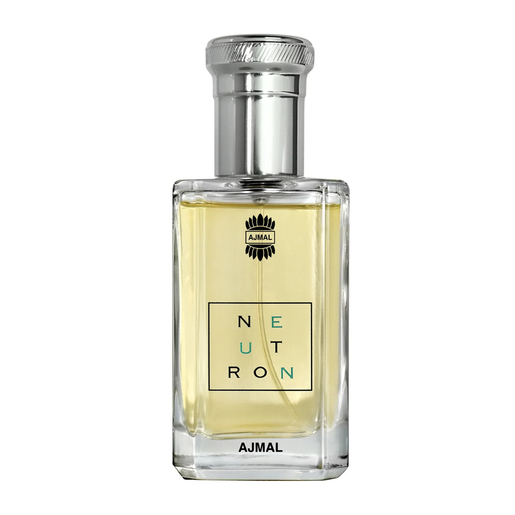 Ajmal Neutron Eau De Parfum 100ML for men bottle with sleek design and dark fragrance liquid visible through transparent glass.