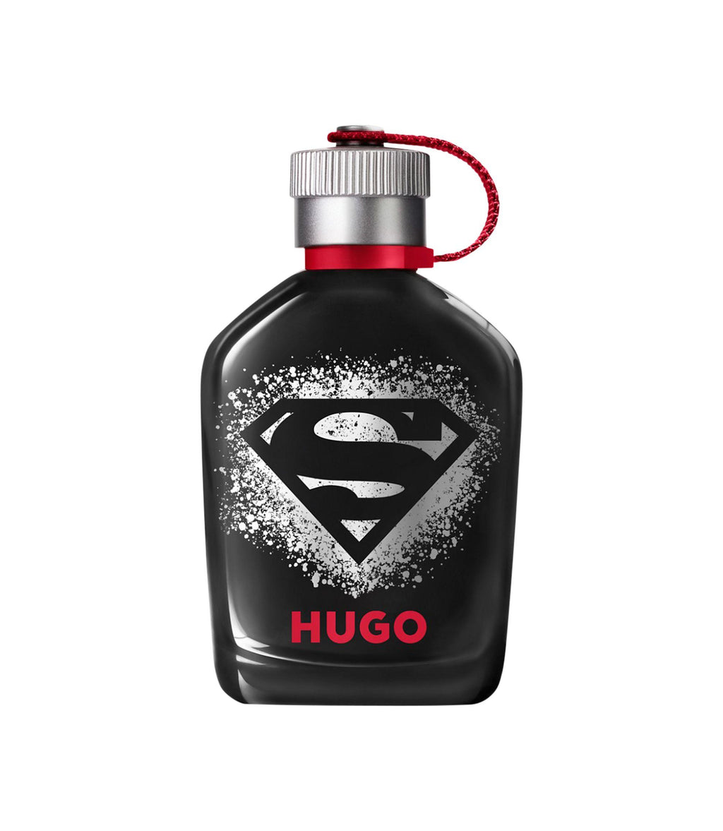 Boss HUGO Superman x HUGO Eau De Parfum 125ml for men, featuring a sleek, dark-colored perfume bottle with modern design details.