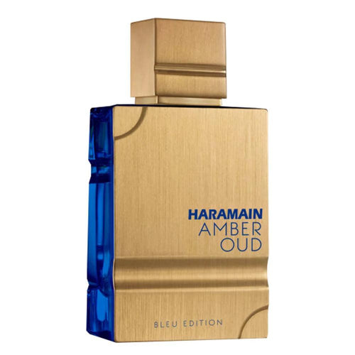 Al Haramain Amber Oud Bleu Edition 60ml Eau de Parfum for men, shown in a sleek blue glass bottle with gold accents.