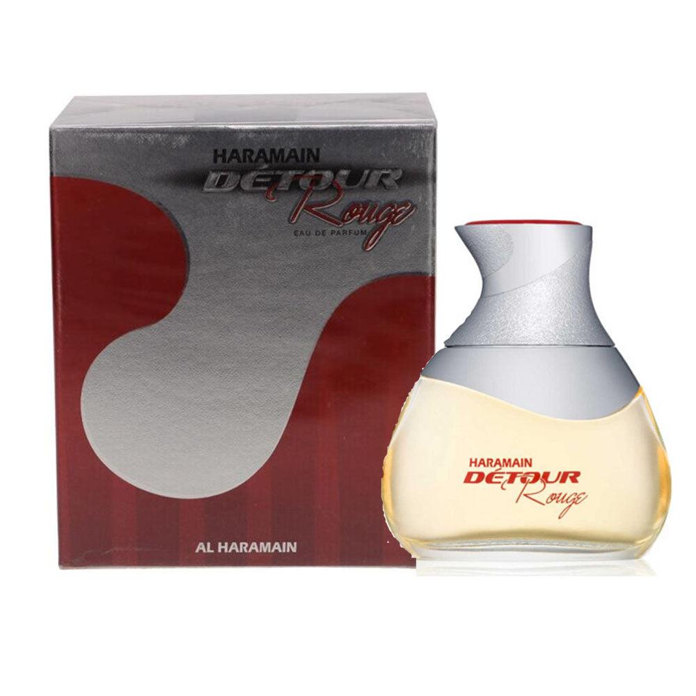 Al Haramain Detour Rouge Eau de Parfum 100ml for men and women, featuring a sleek bottle and vibrant red fragrance liquid.