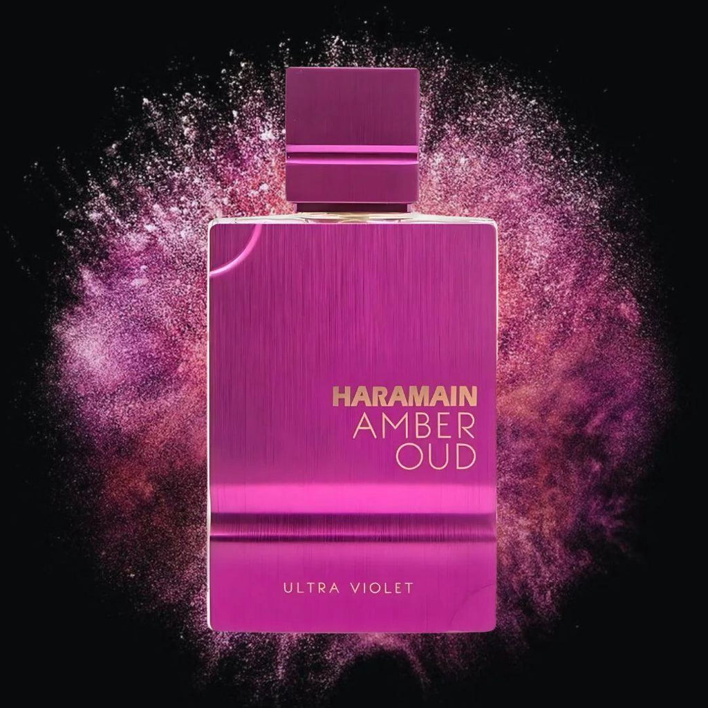 Al Haramain Amber OUD Ultra Violet 120ml Eau de Parfum bottle, elegant packaging with floral and amber fragrance elements.