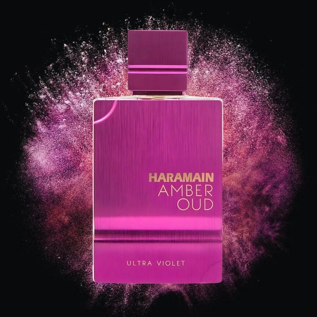 Al Haramain Amber OUD Ultra Violet 120ml Eau de Parfum bottle, elegant packaging with floral and amber fragrance elements.
