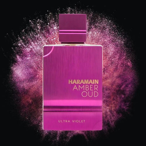 Al Haramain Amber OUD Ultra Violet 120ml Eau de Parfum bottle, elegant packaging with floral and amber fragrance elements.