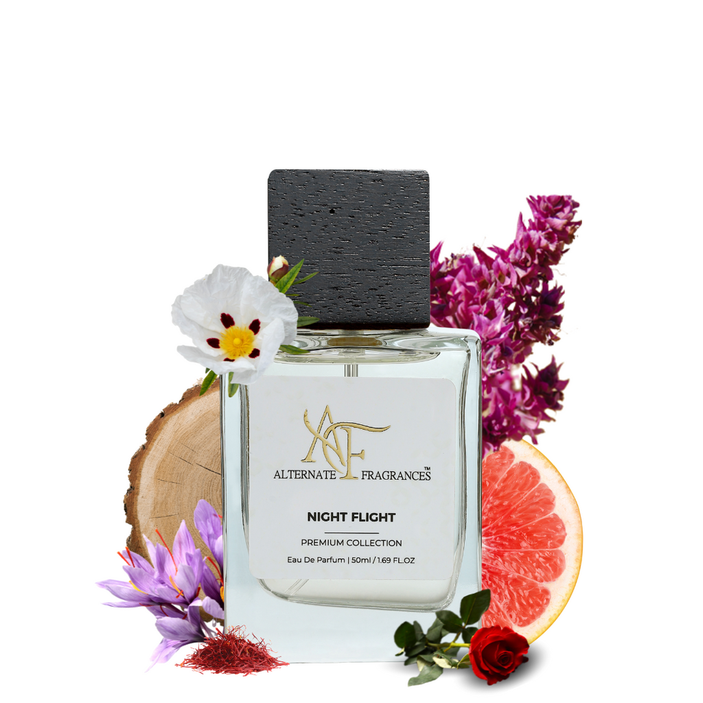 Night Flight EDP bottle from Rini Deals with elegant packaging and a dark, mysterious fragrance design.