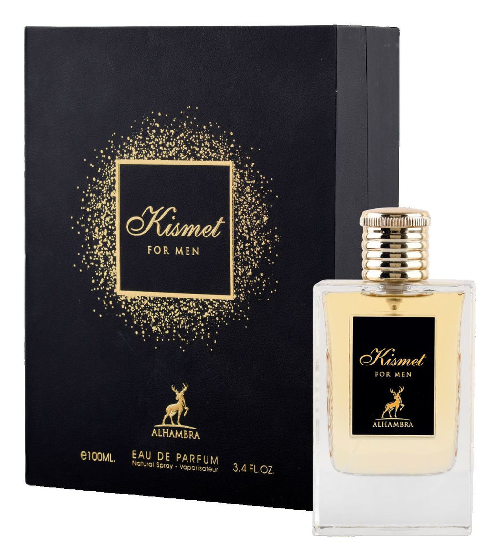Alhambra Kismet M Edp 100ml perfume bottle with elegant design and clear glass showcasing the fragrance inside.