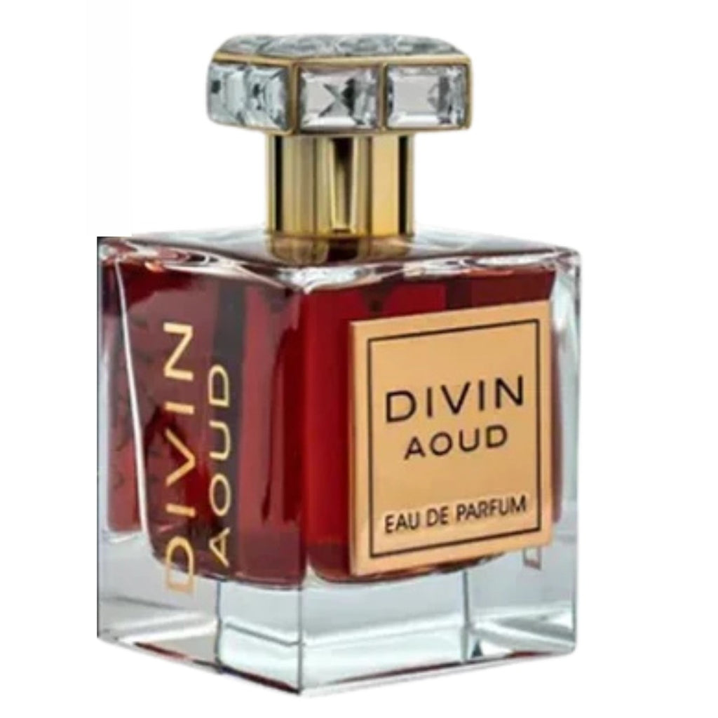 Fragrance World Divin Aoud men's eau de parfum bottle with 100ml capacity, featuring a sleek design and elegant packaging.