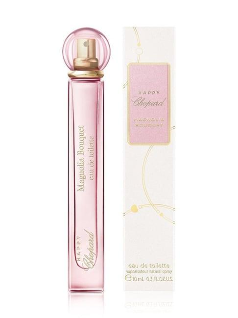 Miniature Bvlgari Happy Chopard Magnolia Bouquet Eau De Parfum bottle with elegant floral design on a white background.