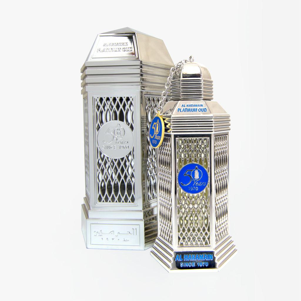 Al Haramain Platinum Oud Eau de Parfum 100ml for men and women, featuring a sleek bottle with a gold cap and luxurious fragrance.