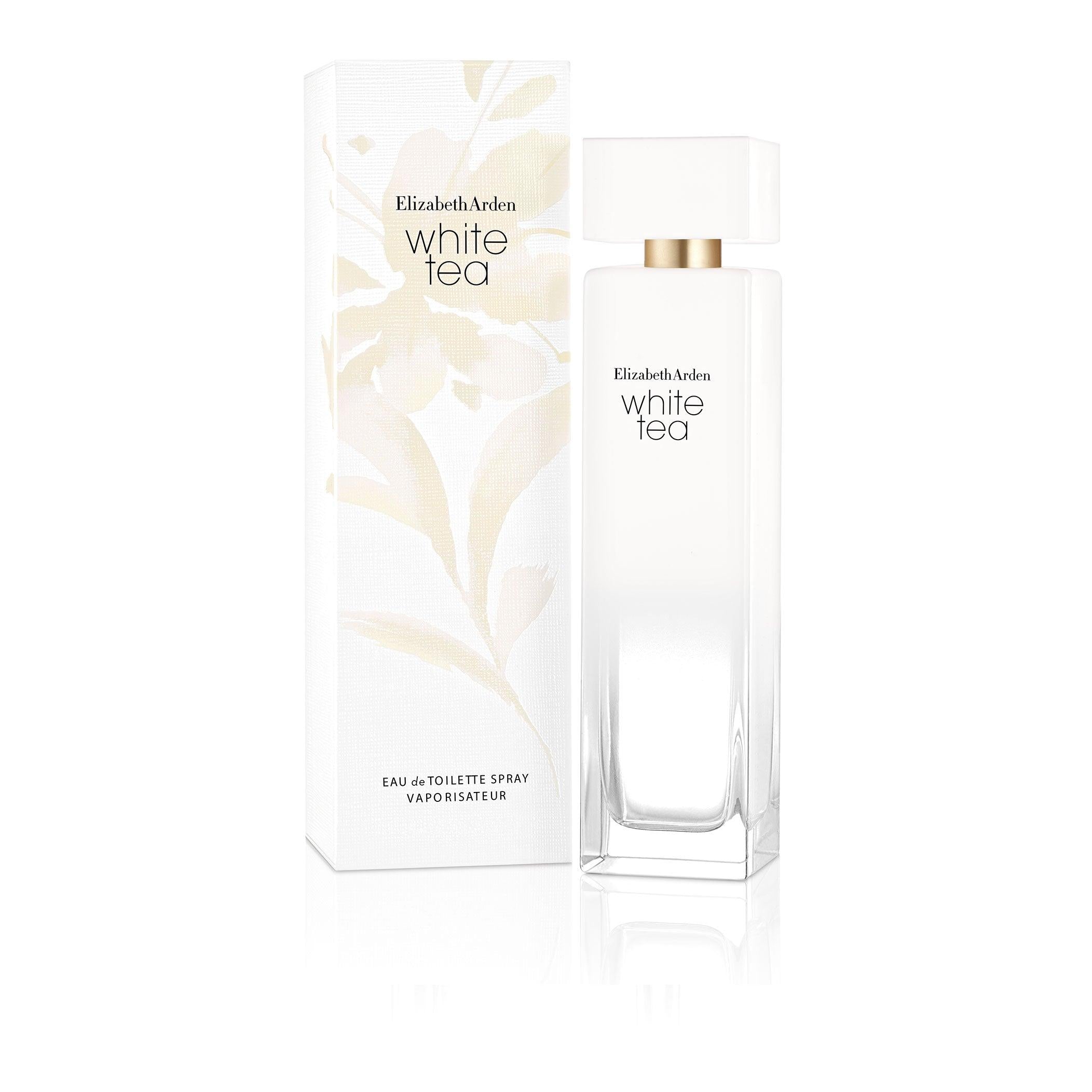 Elizabeth Arden White Tea Eau de Parfum 100ml bottle for women, sleek glass design with white and gold accents.