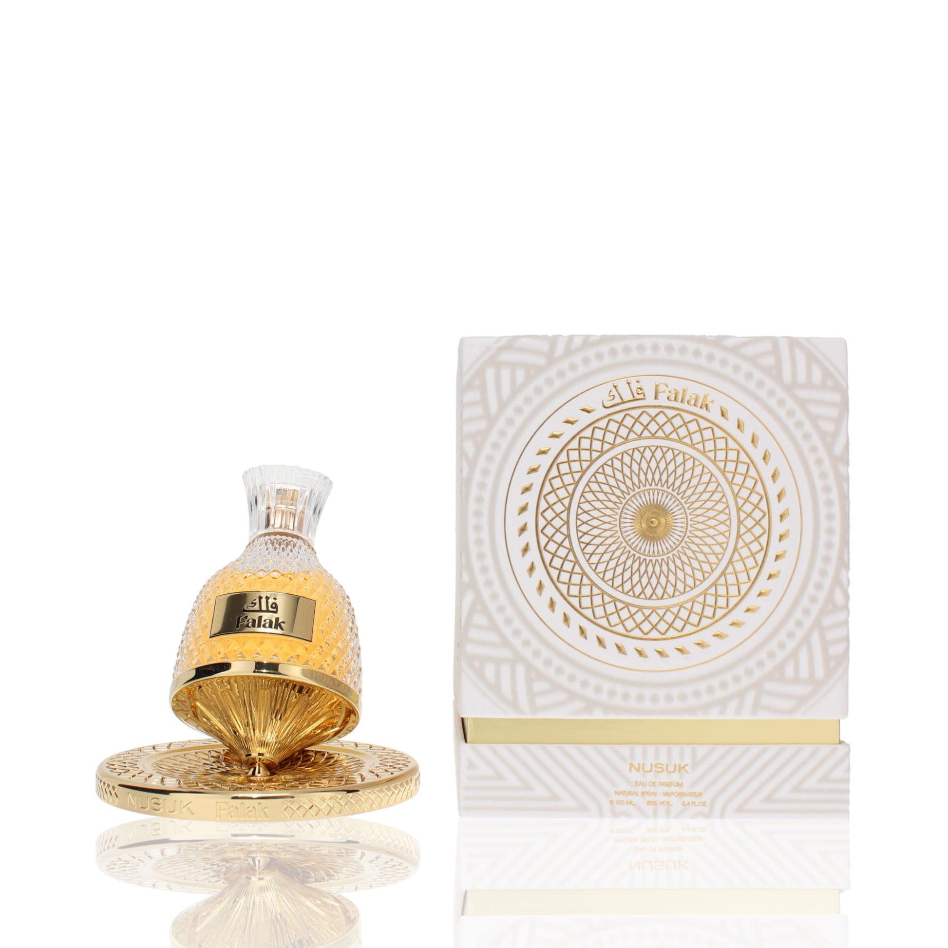 Nusuk Falak Eau De Parfum 100ml unisex bottle with elegant transparent glass and silver cap, showcasing the fragrance inside.