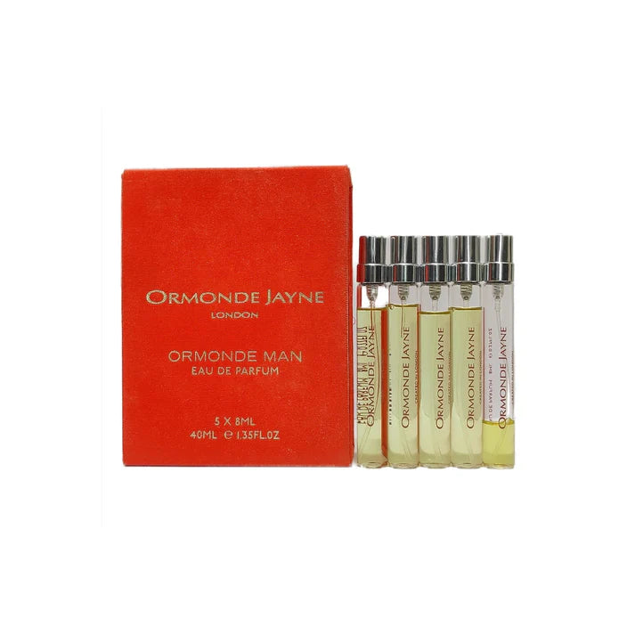 Ormonde Jayne Ormonde Man EDP discovery set with five partial sample vials, showcasing sleek perfume bottles and packaging.