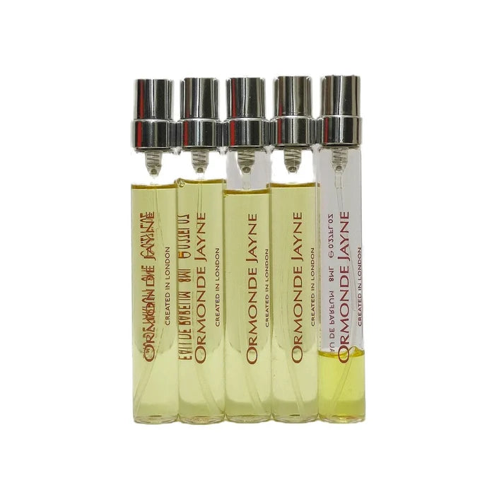 Ormonde Man EDP discovery set by Ormonde Jayne featuring five partial bottles of men's fragrance in a sleek packaging.