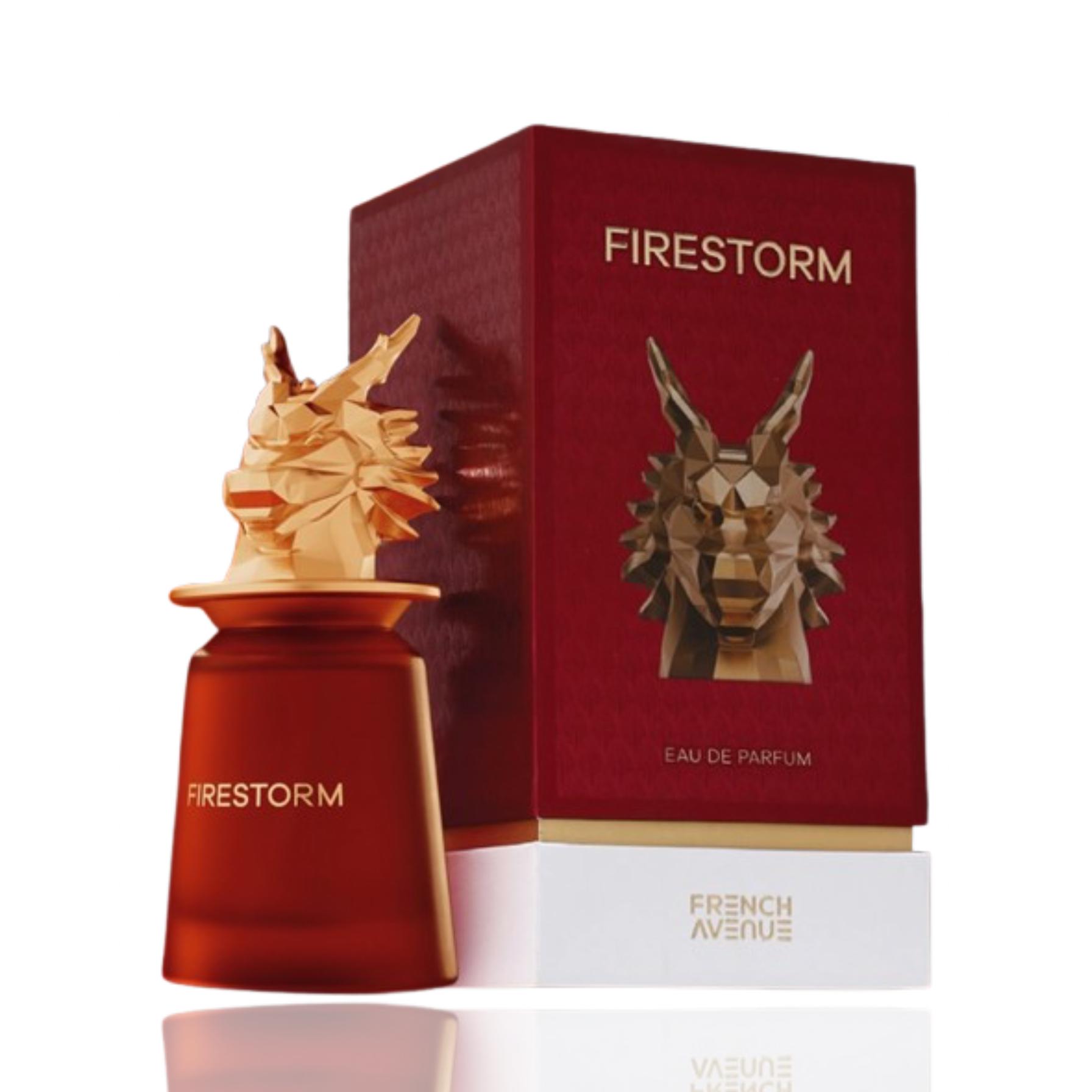 French Avenue Firestorm Eau de Parfum for men, 100ml, featuring a sleek bottle with a modern, bold fragrance design.