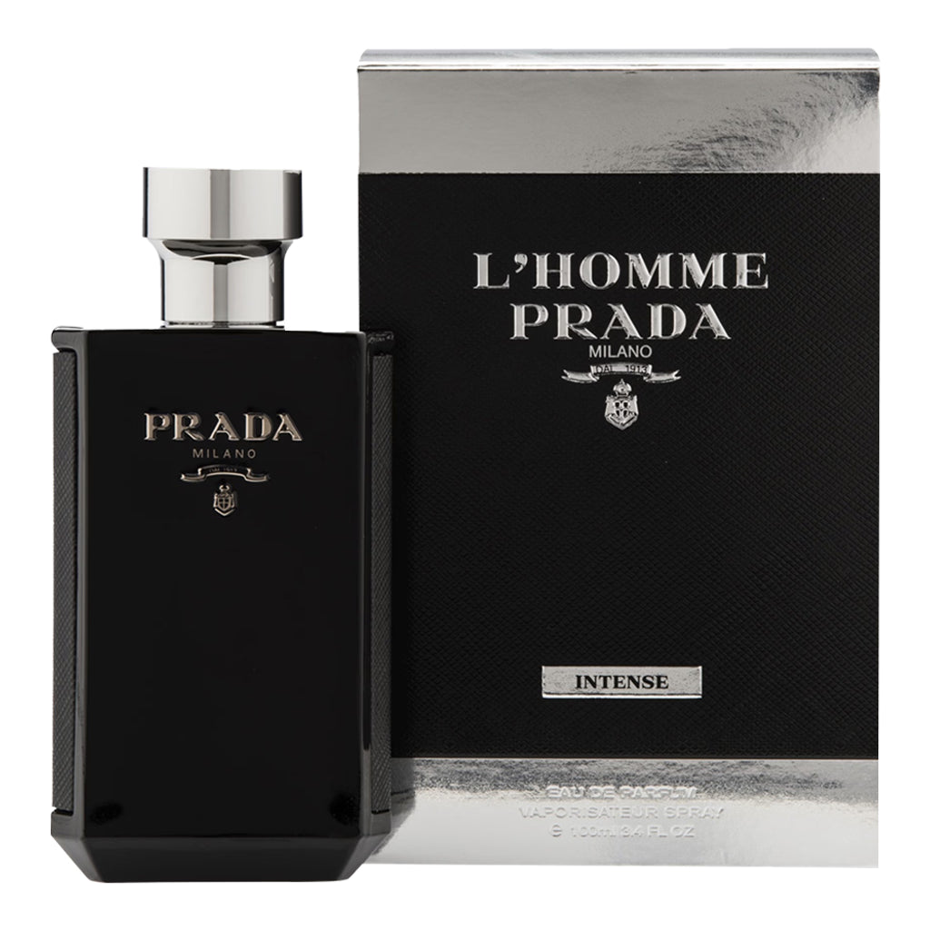 Prada L’Homme Intense Eau de Parfum 100ml for men, featuring a sleek bottle with a modern design and dark fragrance liquid.