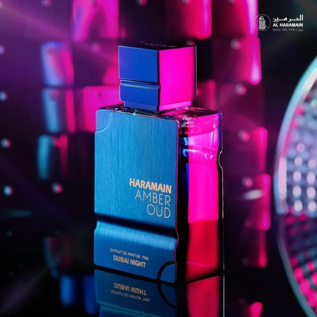 Al Haramain Amber Oud Dubai Night extrait de parfum bottle with elegant design, 75ml, for men and women, showcasing the luxurious fragrance.