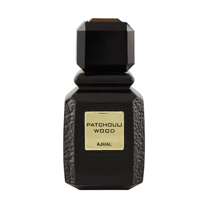 Ajmal Patchouli Wood Eau De Perfume 100ml bottle with a sleek design, suitable for men and women, featuring patchouli and woody notes.