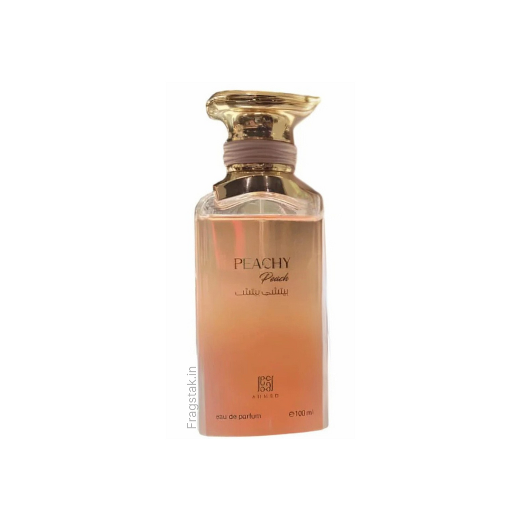 Peachy pink bottle of Ahmed Al Maghribi Peachy Peach Eau de Parfum for men and women, 100ml, with elegant floral design.