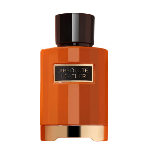 Fragrance World Absolute Leather Eau de Parfum 100ml bottle with sleek design for men and women.