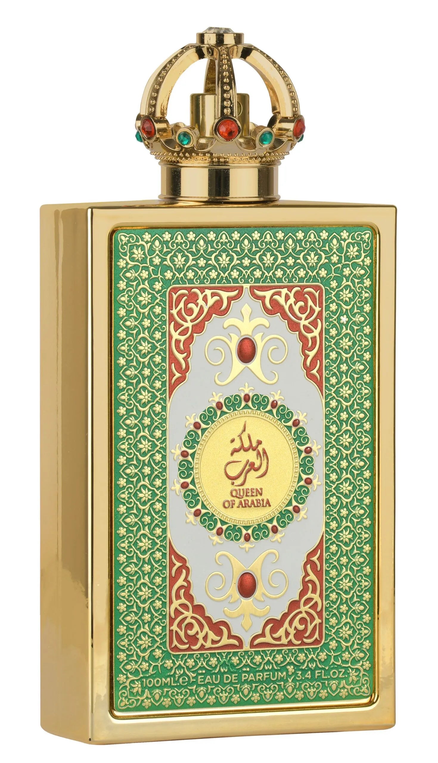 Lattafa Queen of Arabia Eau de Parfum 100ml bottle for women, elegant glass perfume bottle with gold accents.