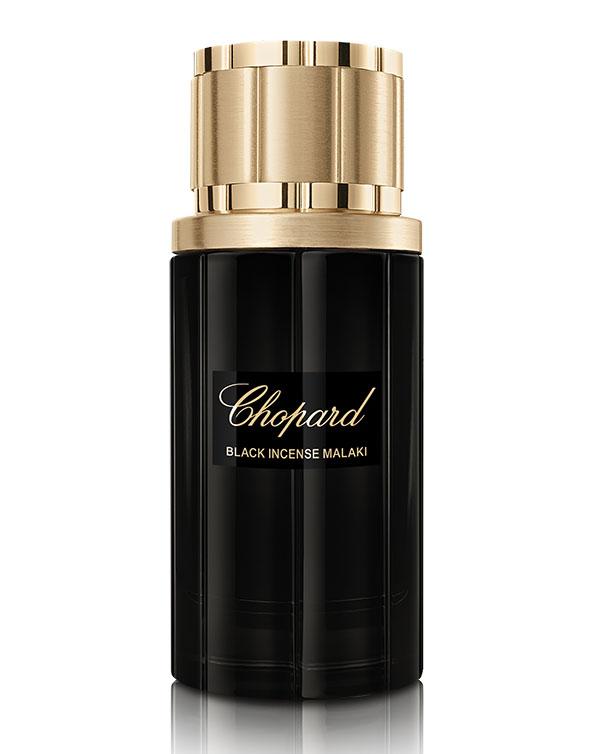 Chopard Black Incense Malaki Eau De Parfum bottle, 80ml, unisex fragrance featuring dark, elegant design and black cap.