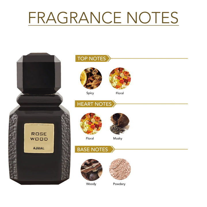Ajmal Rose Wood Eau de Parfum 100ML bottle with elegant packaging, suitable for both men and women.