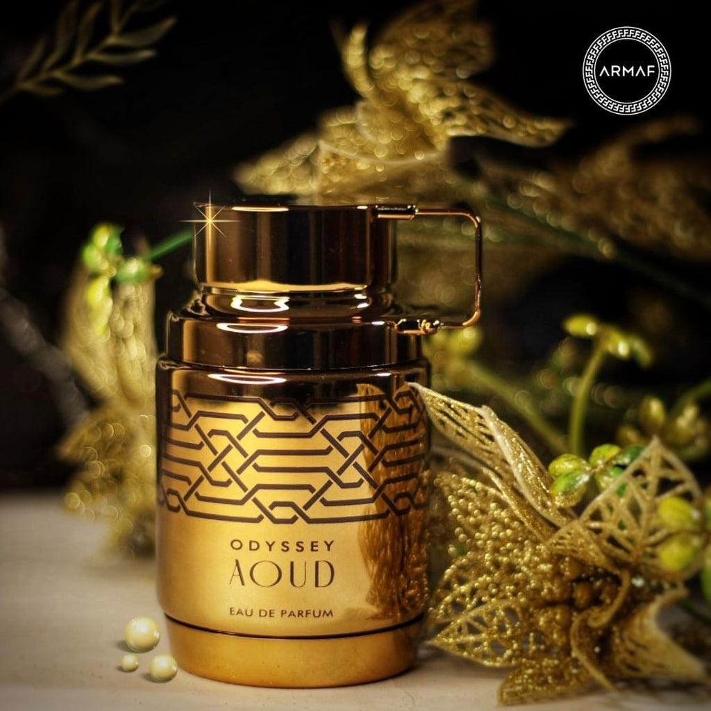 Armaf Odyssey Aoud Edition Eau De Parfum bottle with black cap and sleek design, displayed against a neutral background.