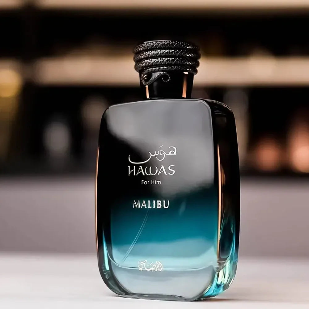 Rasasi Hawas Malibu Eau De Parfum 100ml for men and women, featuring a sleek bottle with a silver cap and vibrant label.