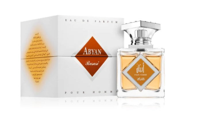 Rasasi Abyan Pour Homme EDP perfume bottle for men, 95 ml with sleek design and elegant branding.