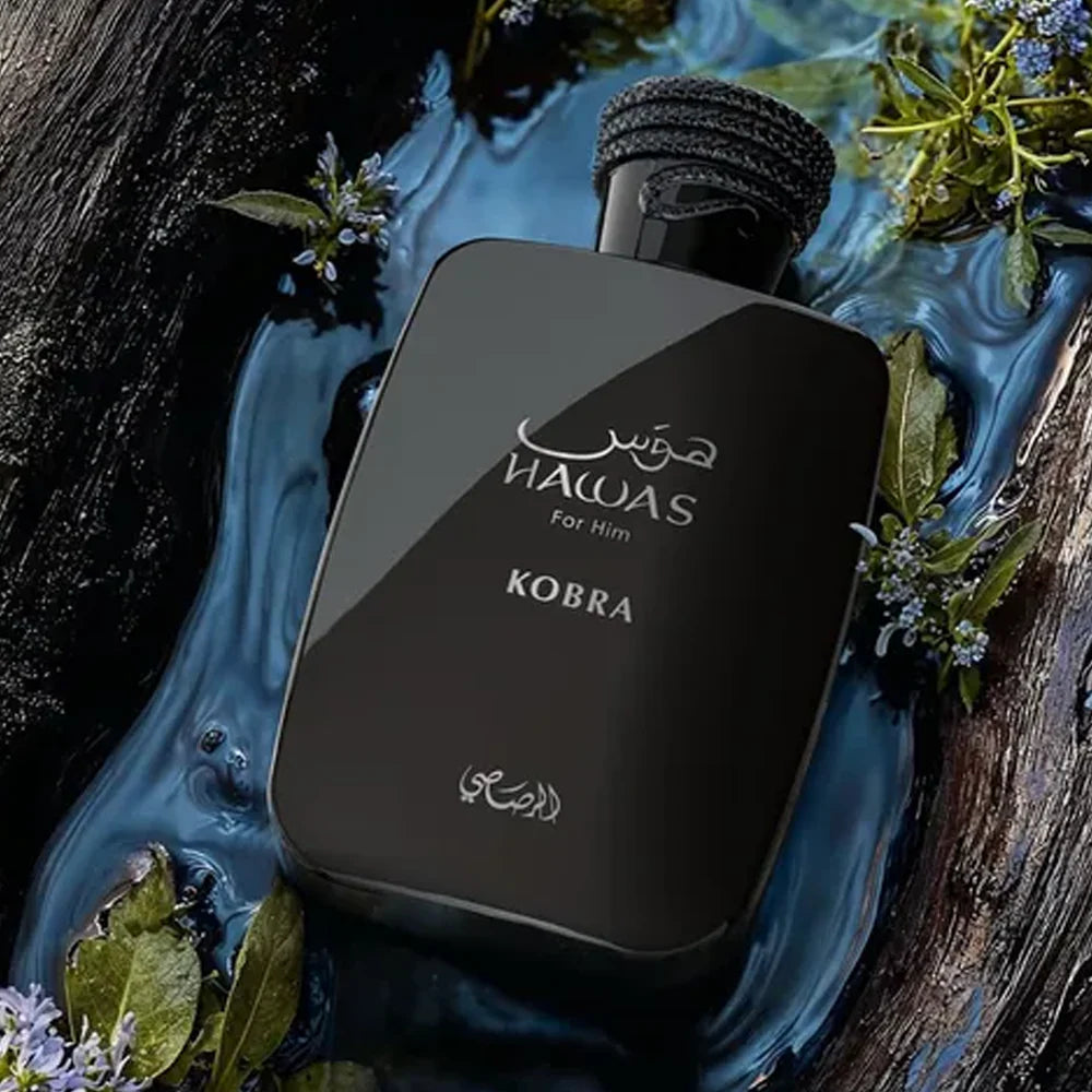 Rasasi Hawas Kobra Eau de Parfum bottle for men, 100ml, with sleek design and dark fragrance liquid visible in the image.