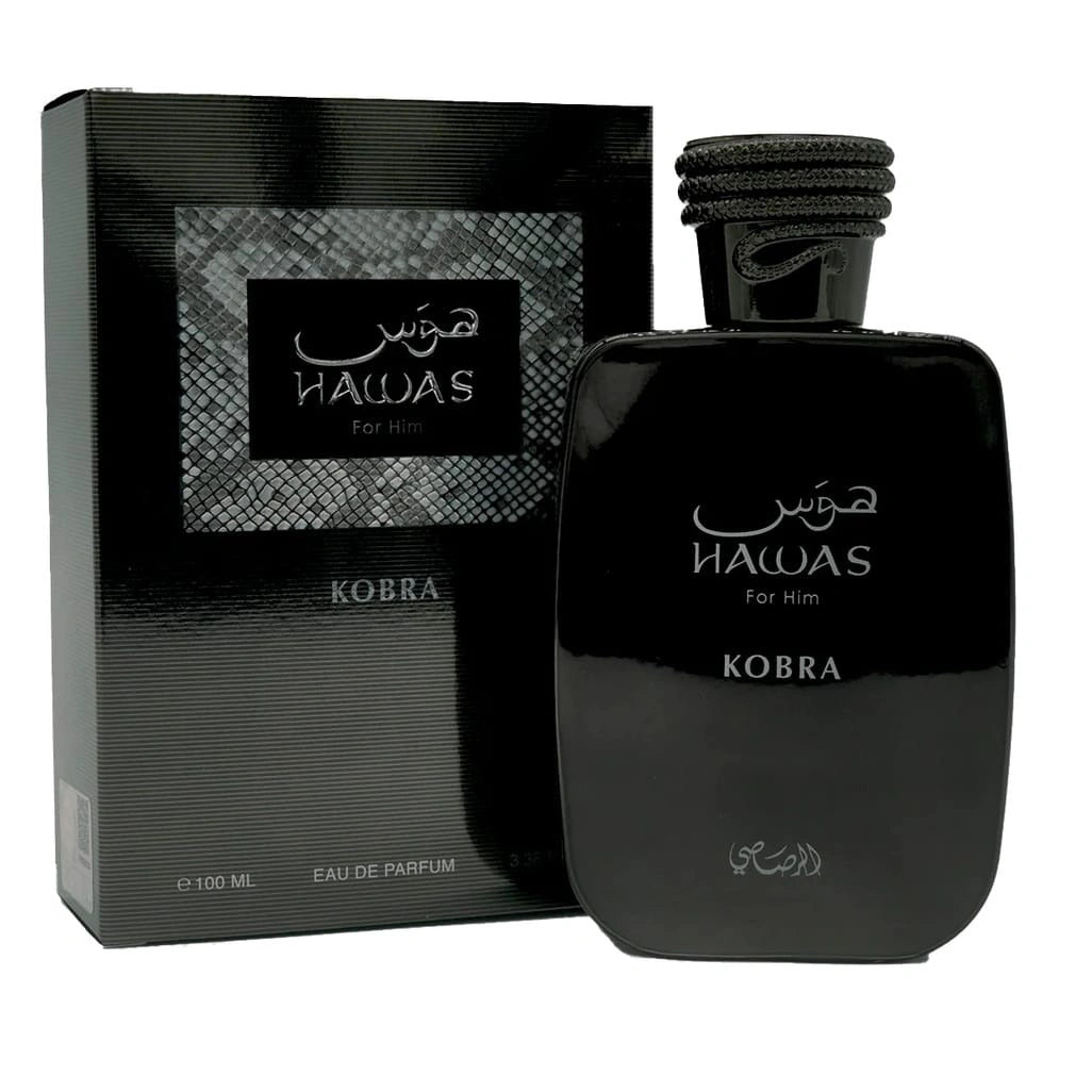 Rasasi Hawas Kobra Eau De Parfum for men, 100ml bottle, featuring sleek design and branding, ideal for confident style