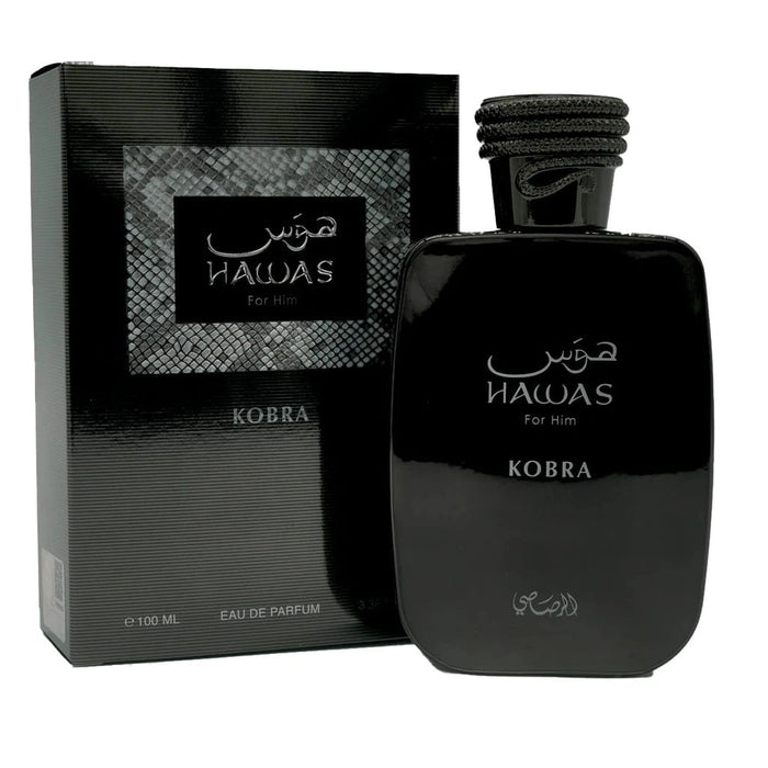 Rasasi Hawas Kobra Eau De Parfum for men, 100ml bottle, featuring sleek design and branding, ideal for confident style