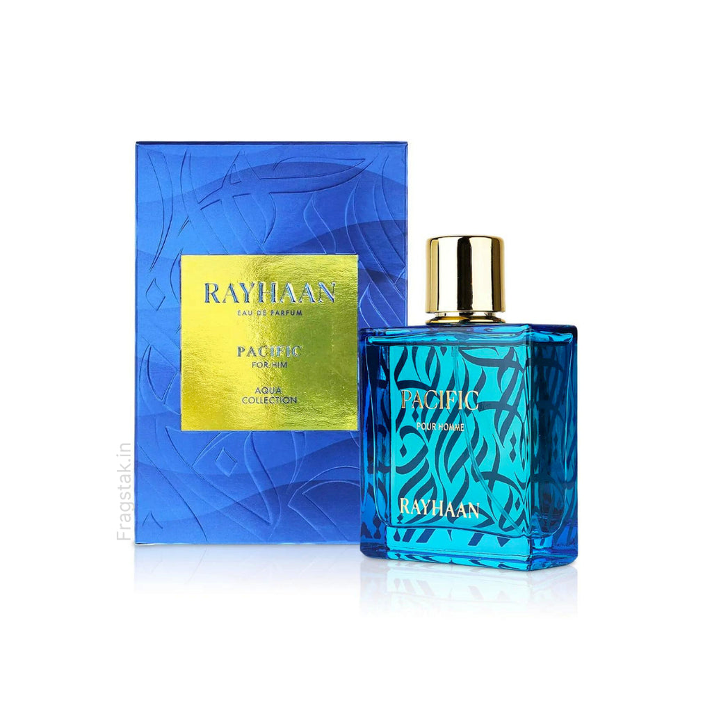 Rayhaan Pacific Aqua Eau De Parfum for men, 100ml bottle, sleek design with a modern label, fresh and aquatic scent.