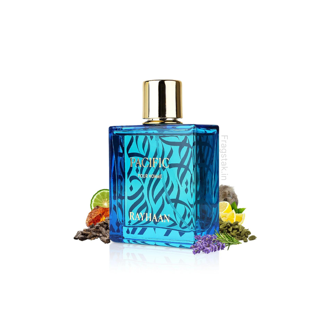 Rayhaan Pacific Aqua Eau De Parfum for men, 100ml bottle, featuring sleek blue packaging and silver accents.