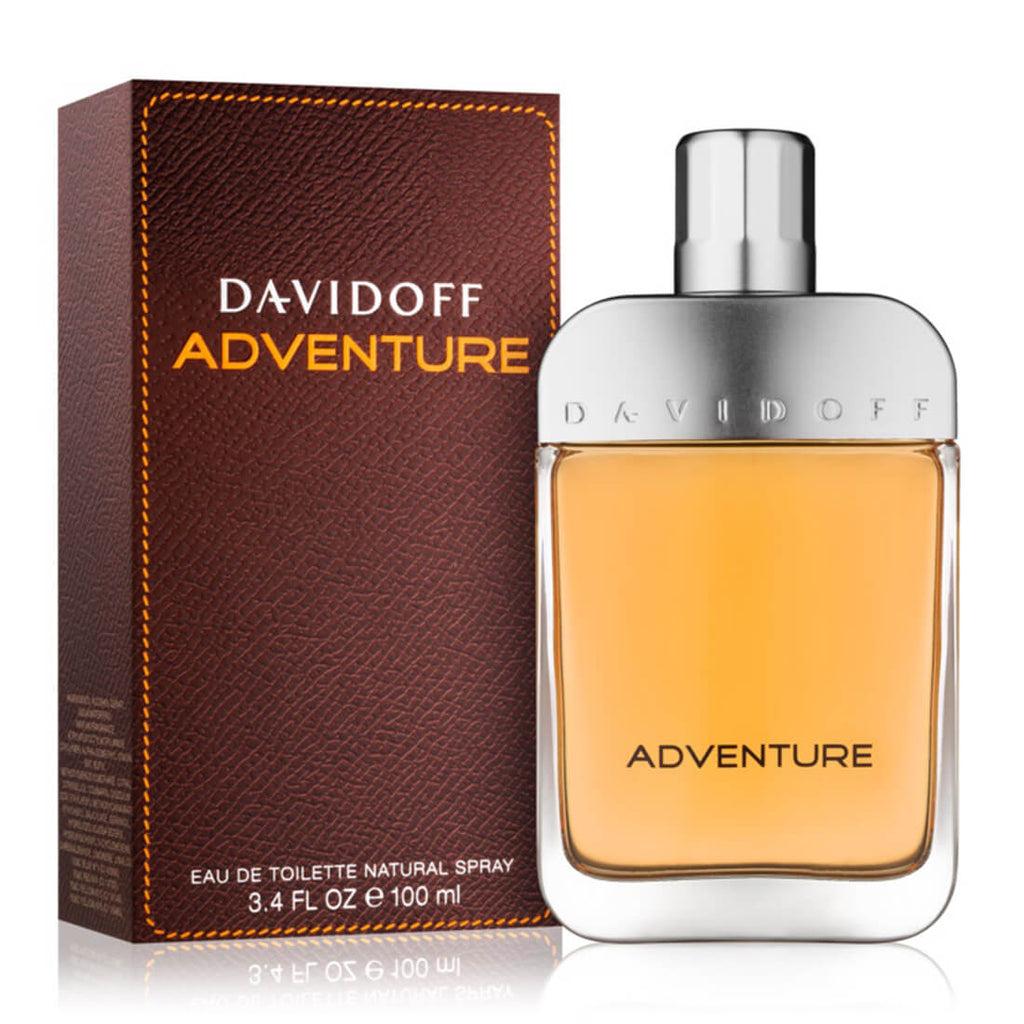 Davidoff Adventure Eau De Toilette 100ml bottle, rugged design, outdoor-inspired scent, transparent glass with green accents.