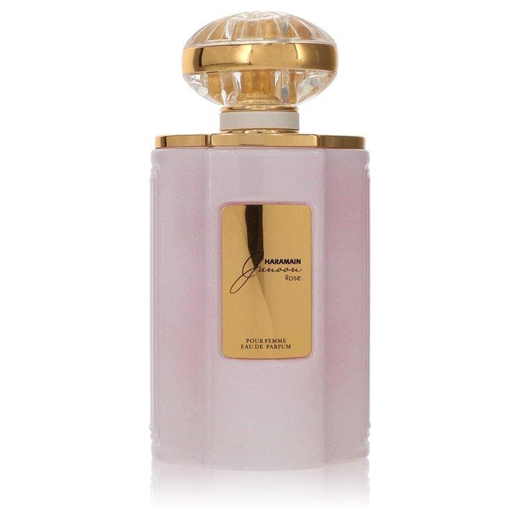 Al Haramain Junoona Rose Pour Femme Eau de Parfum 75ml bottle with pink floral design, elegant perfume for women.