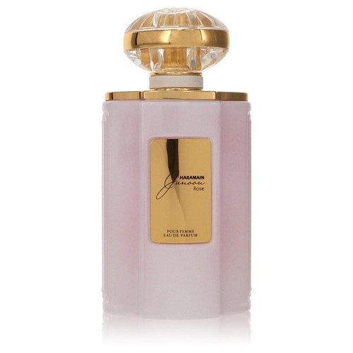 Al Haramain Junoona Rose Pour Femme Eau de Parfum 75ml bottle with pink floral design, elegant perfume for women.