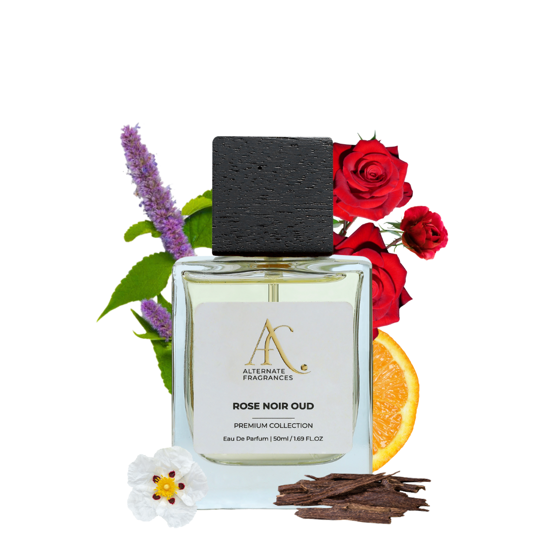 Rose Noir Oud EDP by Rini Deals perfume bottle with a sleek design and floral and woody scent elements.