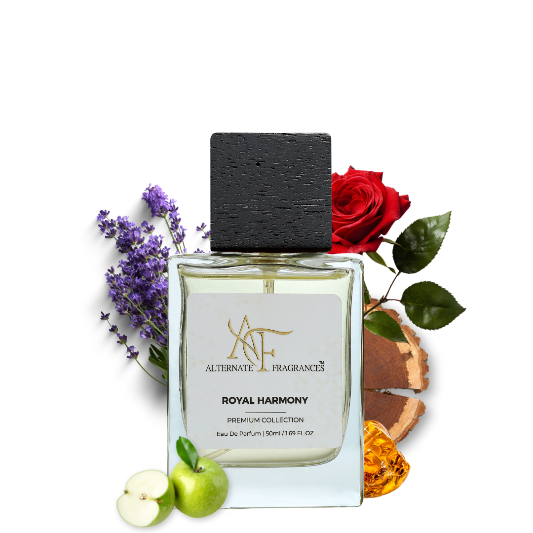 Royal Harmony EDP by Rini Deals featuring a sleek perfume bottle with elegant design and floral accents.
