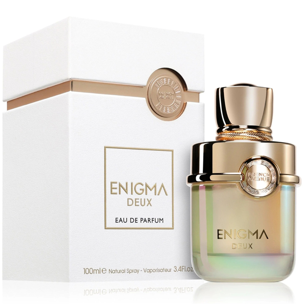 French Avenue Enigma Deux Eau de Parfum for women, elegant glass bottle with a sleek design and floral accents.