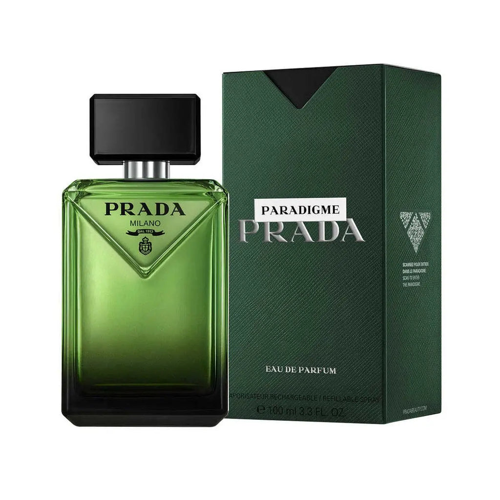 Prada Paradigme Eau De Parfum 100ml bottle, unisex perfume with sleek design, branded Prada packaging visible in the image.