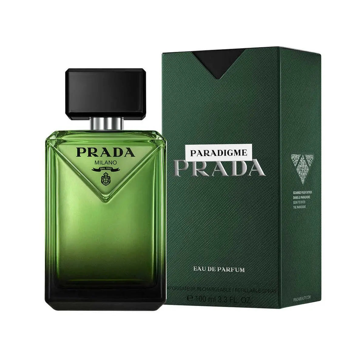 Prada Paradigme Eau De Parfum 100ml bottle, unisex perfume with sleek design, branded Prada packaging visible in the image.